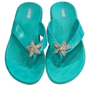 Oka-B Beach/Pool Flip Flops Comfort Flats/Teal/ M/L  8-9 Studded Starfish